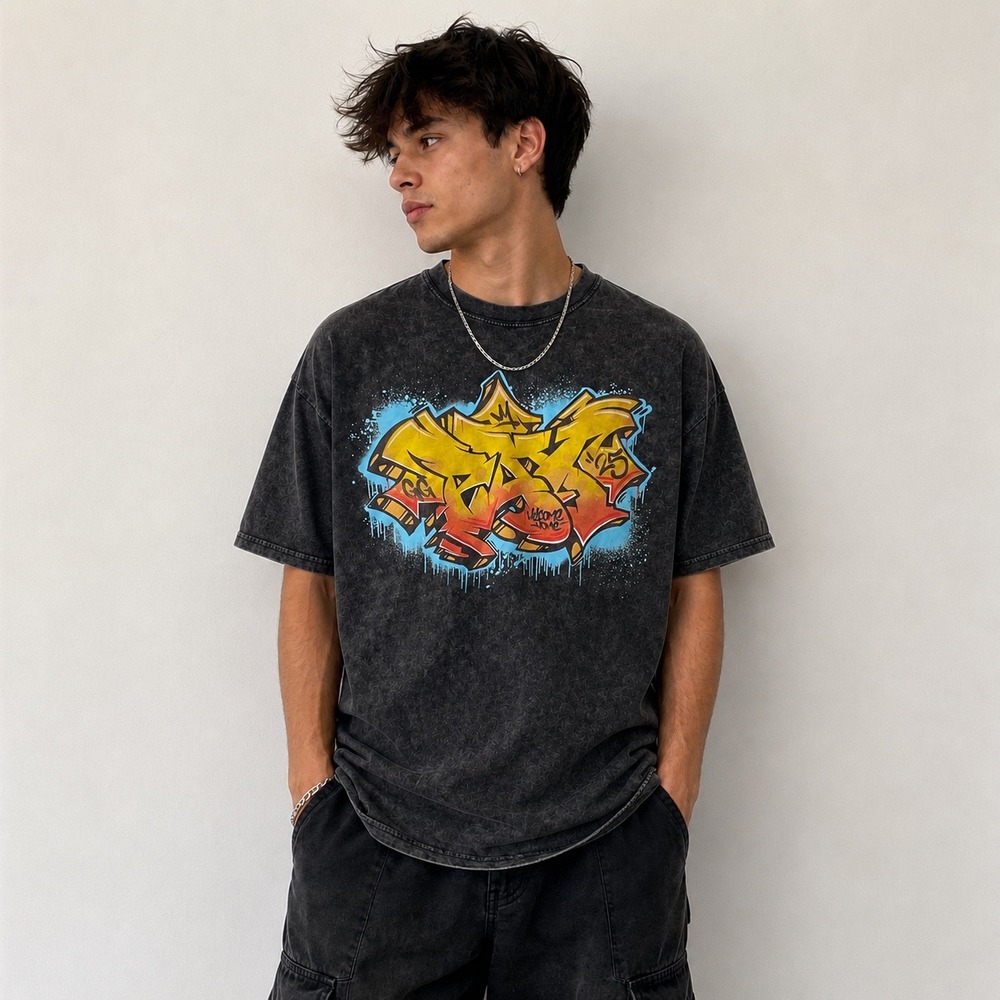 PAX Mens Expo West‎ Graffiti Graphic Acid Wash T-Shirt Grey Cotton Streetwear L